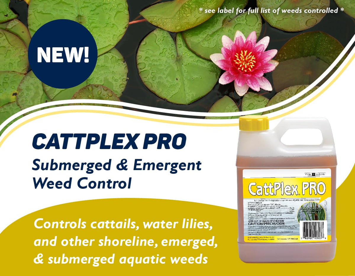 Crystal Blue CattPlex Pro label closeup highlighting guidance for pond treatments.