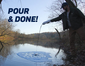 Crystal Blue dye application in a pond demonstrates even distribution and tint.
