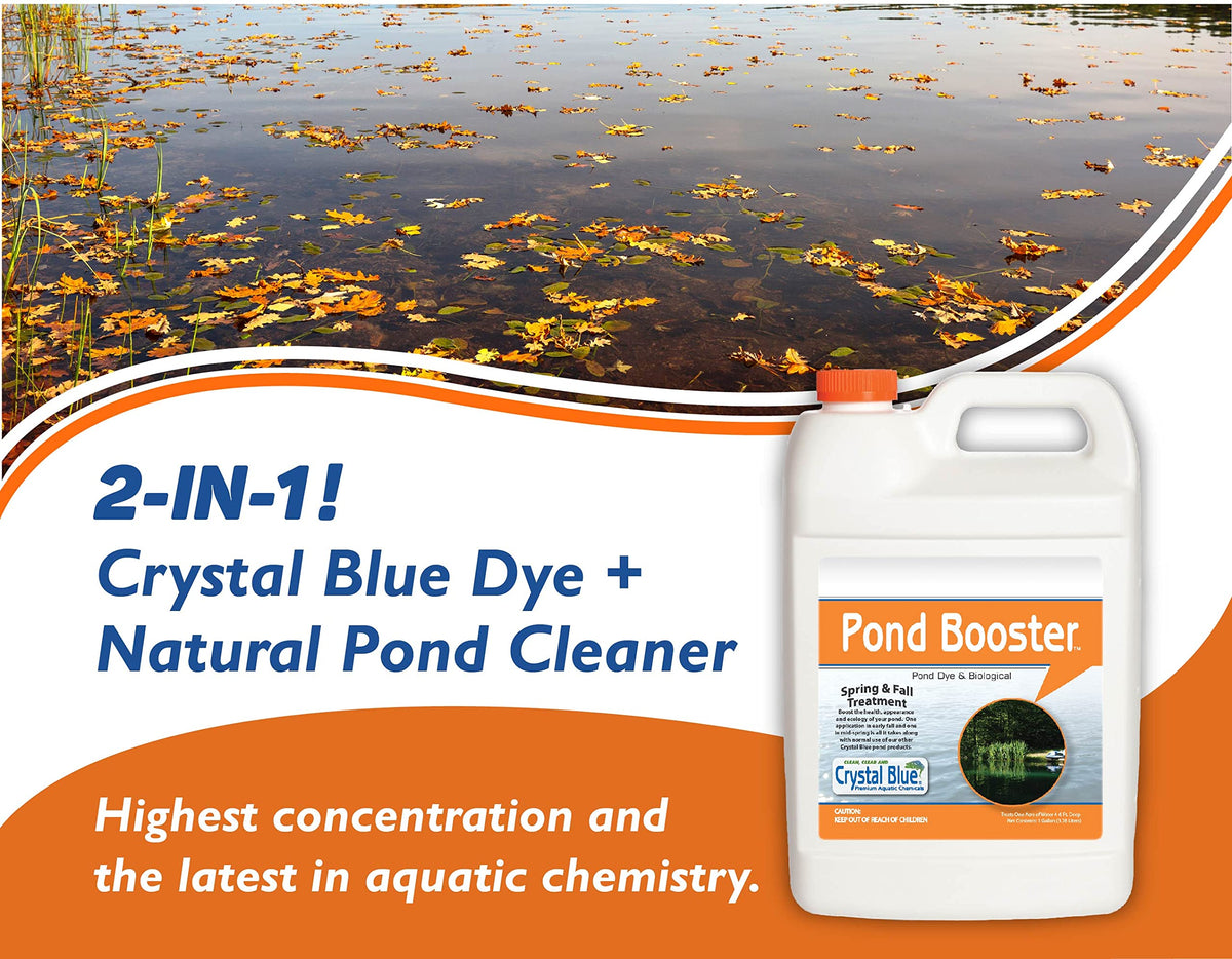 Crystal Blue Pond Booster bottle pouring into pond for color update