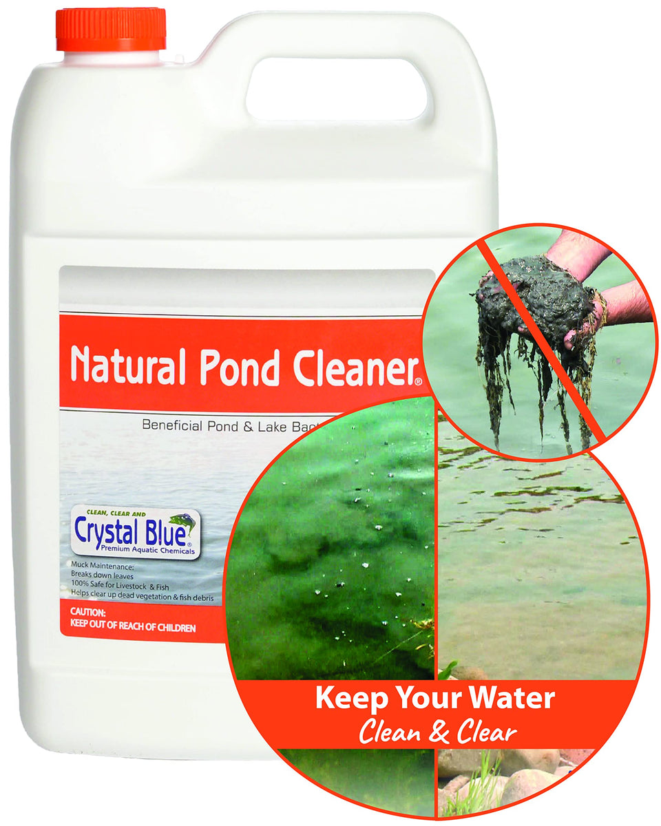 Crystal Blue pond cleaner bottle front view supports clearer water for koi ponds