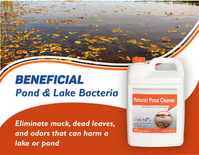 Crystal Blue pond cleaner bottle pouring into pond encourages muck breakdown