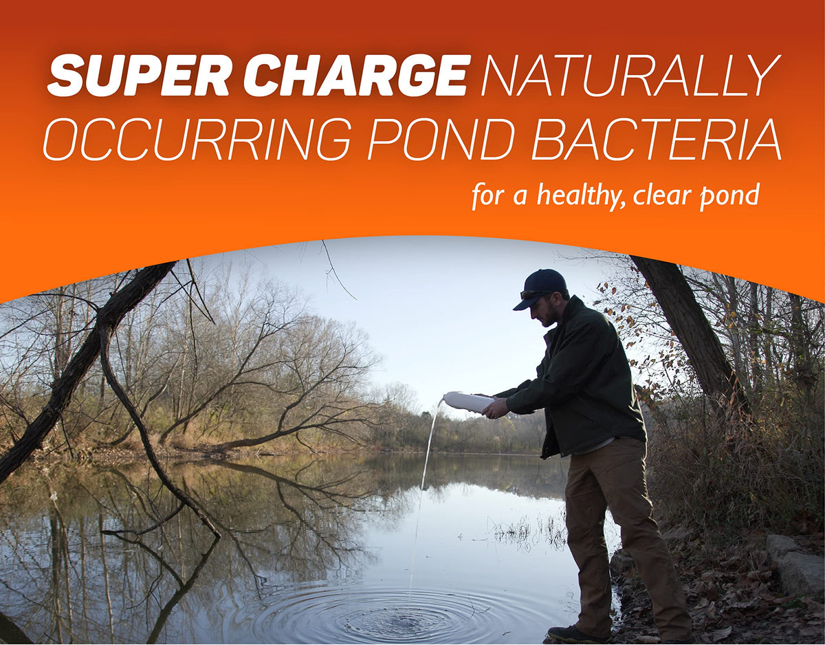 Crystal Blue pond cleaner label close-up highlighting natural bacteria for balanced pond health