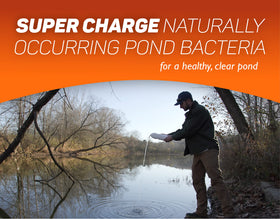 Crystal Blue pond cleaner label close-up highlighting natural bacteria for balanced pond health