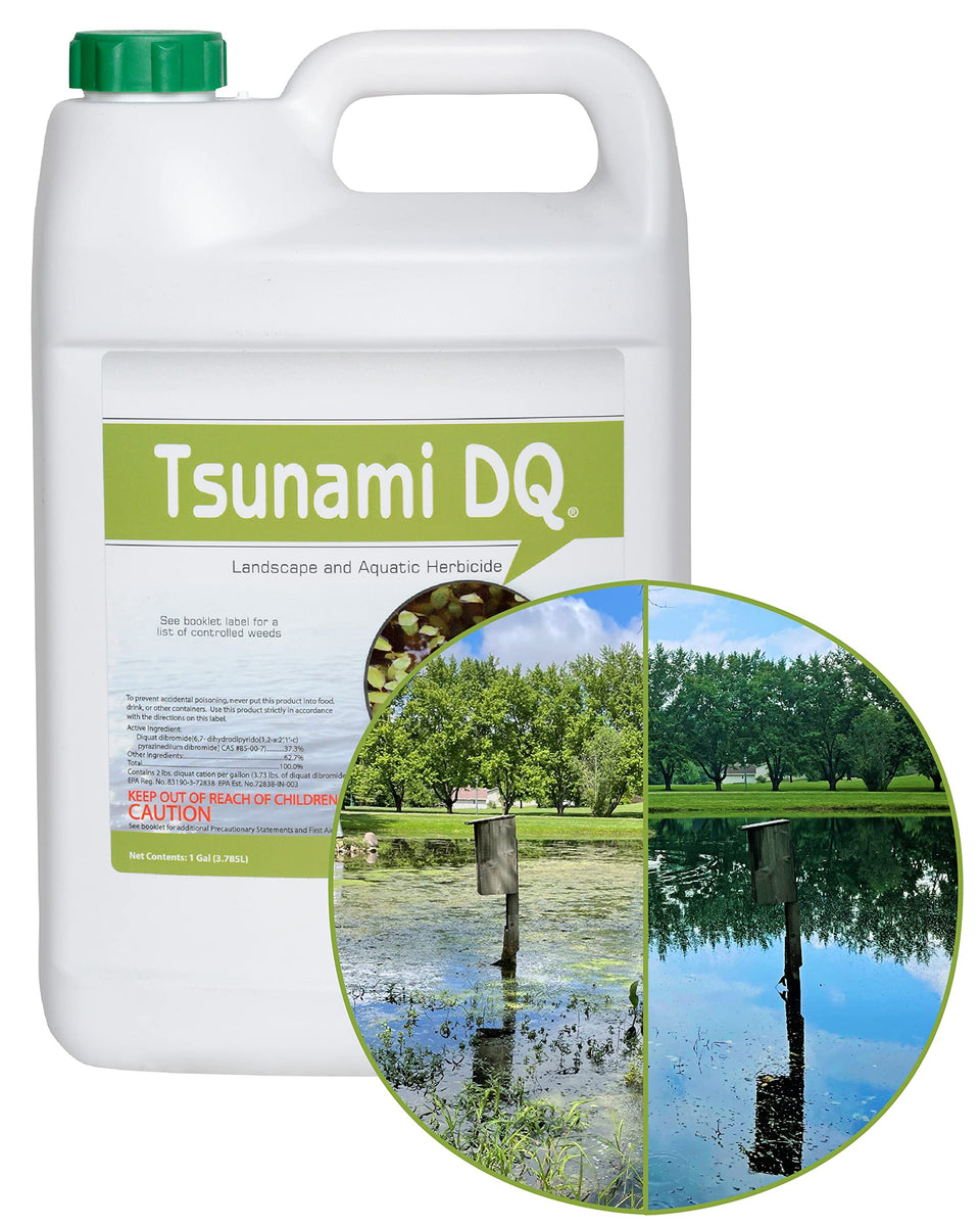 Crystal Blue Tsunami DQ gallon bottle ready for lake weed treatment and clearer water