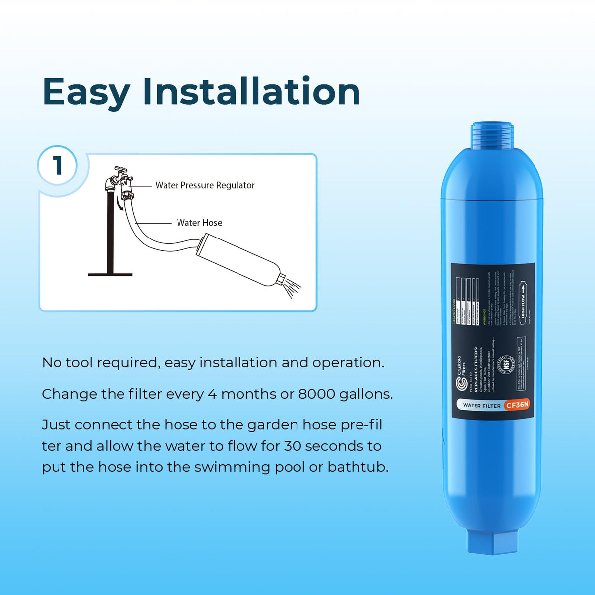 Crystala Garden Hose Filter 8,000-gallon capacity supports long-lasting purification.