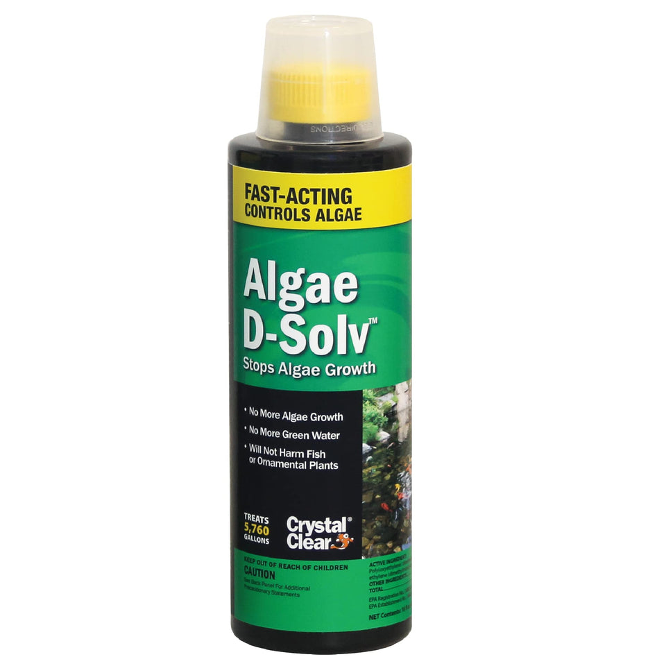 CrystalClear Algae D-Solv bottle being poured to treat pond water safely.