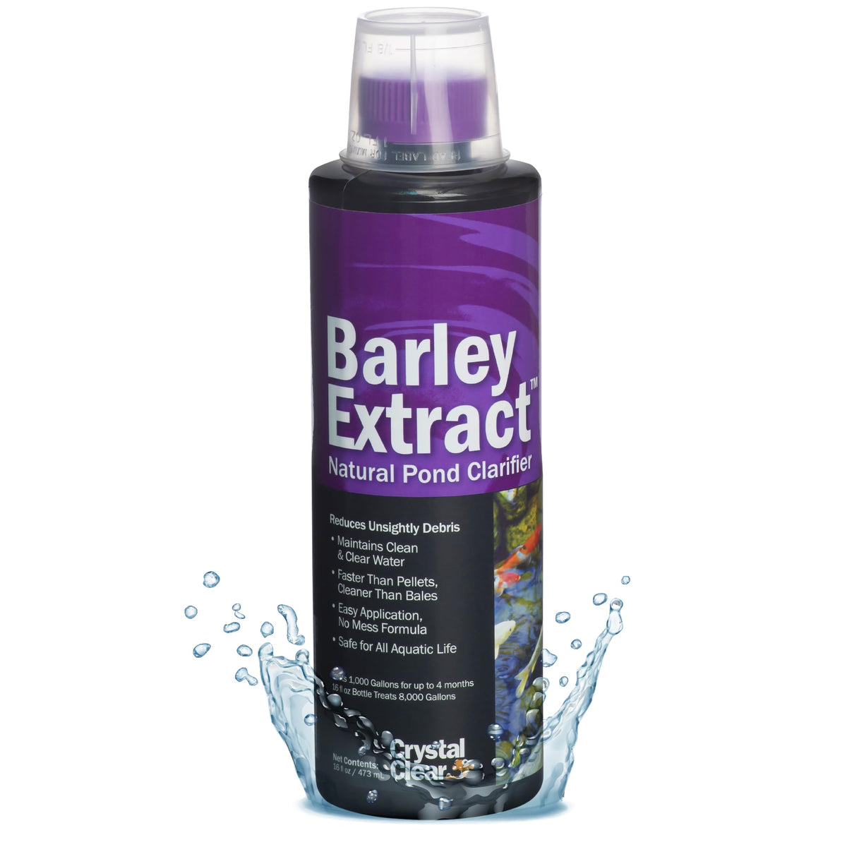 CrystalClear Barley Extract bottle pouring to start faster pond clarification.