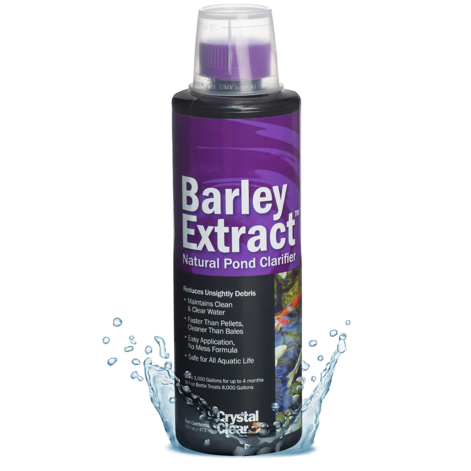 CrystalClear Barley Extract bottle pouring to start faster pond clarification.