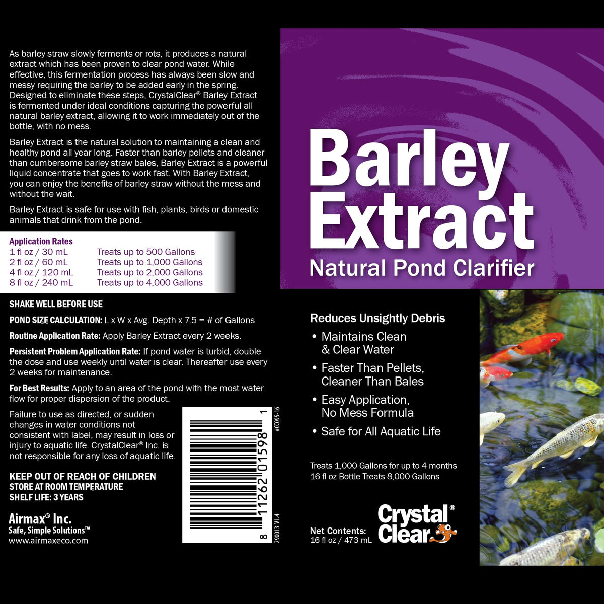CrystalClear Barley Extract measuring cup shows easy dosing for a clearer pond.
