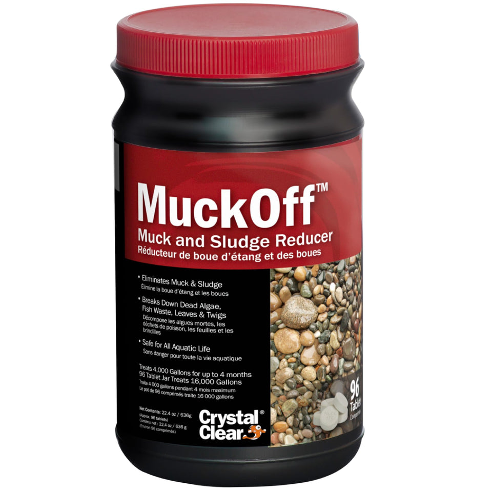 CrystalClear MuckOff tablets in bottle for simple pond treatment.