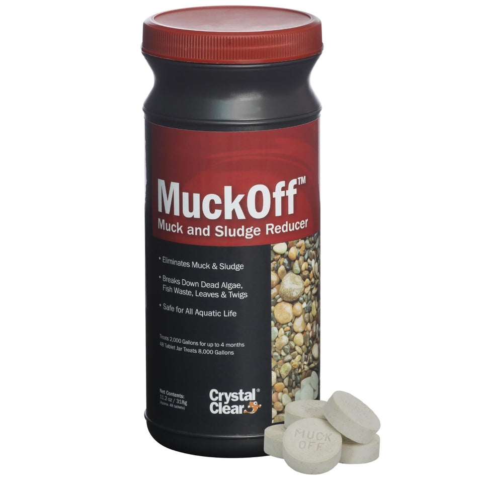 CrystalClear MuckOff tablets dissolving in pond water to start muck digestion.