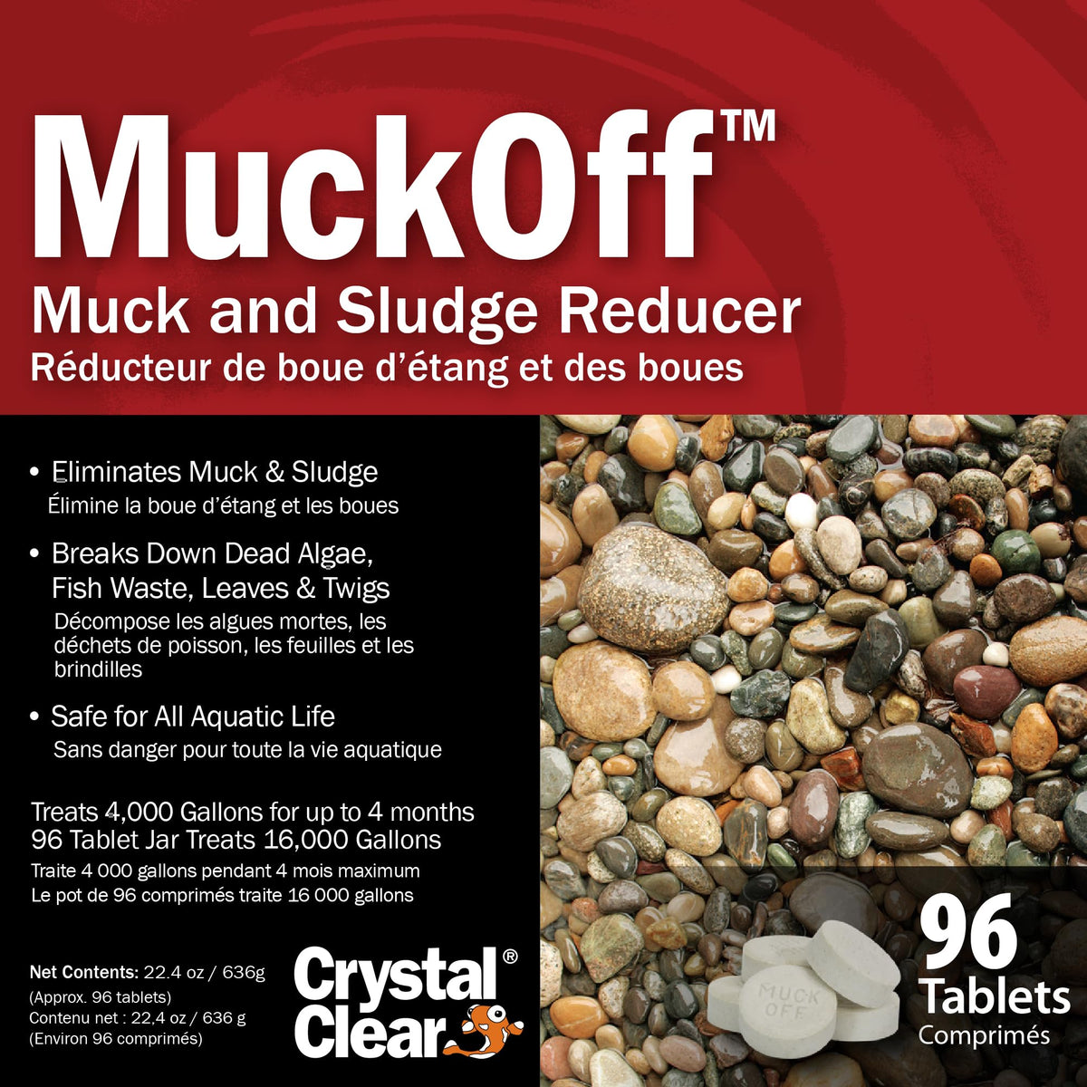 CrystalClear MuckOff tablets dissolving to feed beneficial bacteria for pond health.