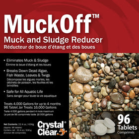 CrystalClear MuckOff tablets dissolving to feed beneficial bacteria for pond health.