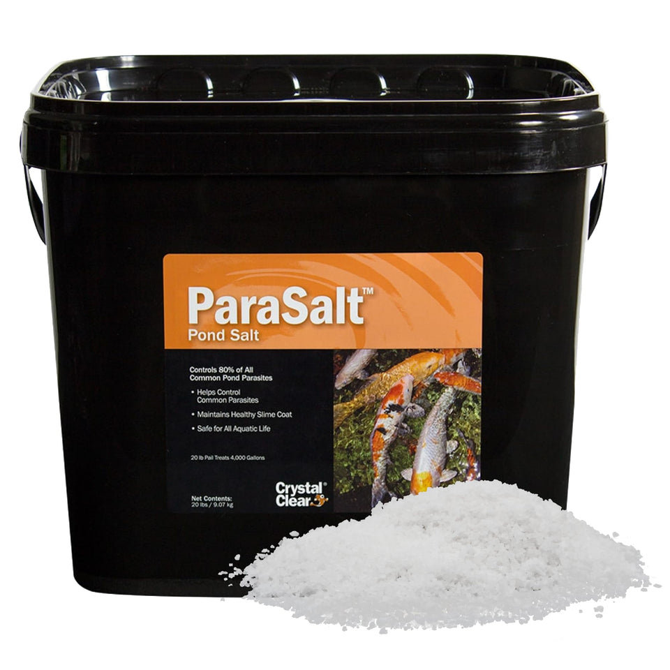 CrystalClear ParaSalt packaging showing 20 lb bag for safe pond maintenance