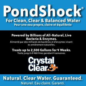 CrystalClear PondShock Ball floats in water showing quick clarity improvement.