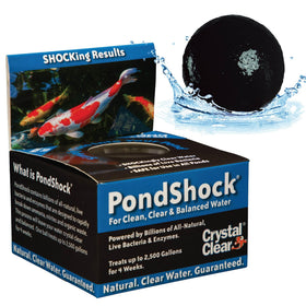 CrystalClear PondShock Ball packaging highlights natural bacteria for clear pond water.