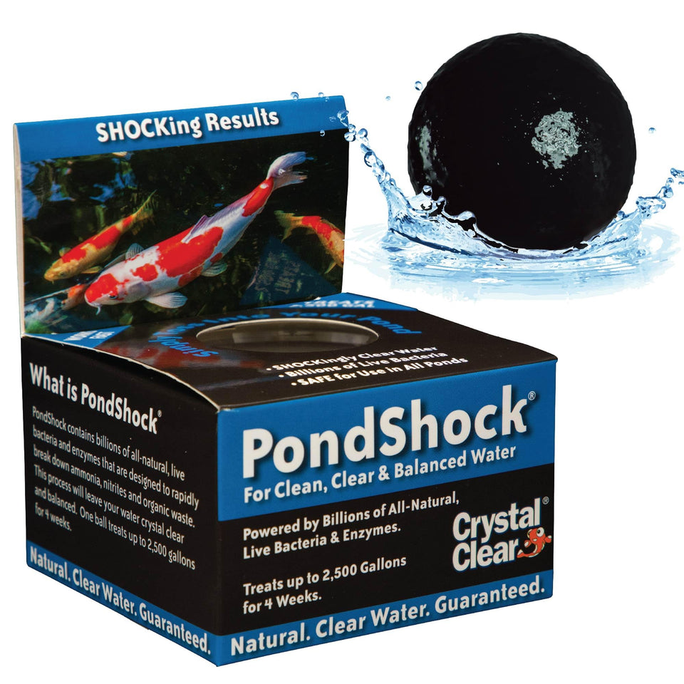 CrystalClear PondShock Ball packaging highlights natural bacteria for clear pond water.
