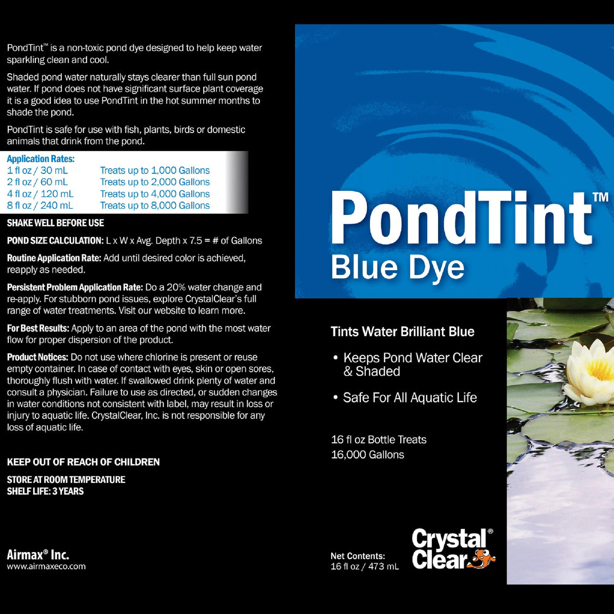 CrystalClear PondTint easy pour application shown near pond features