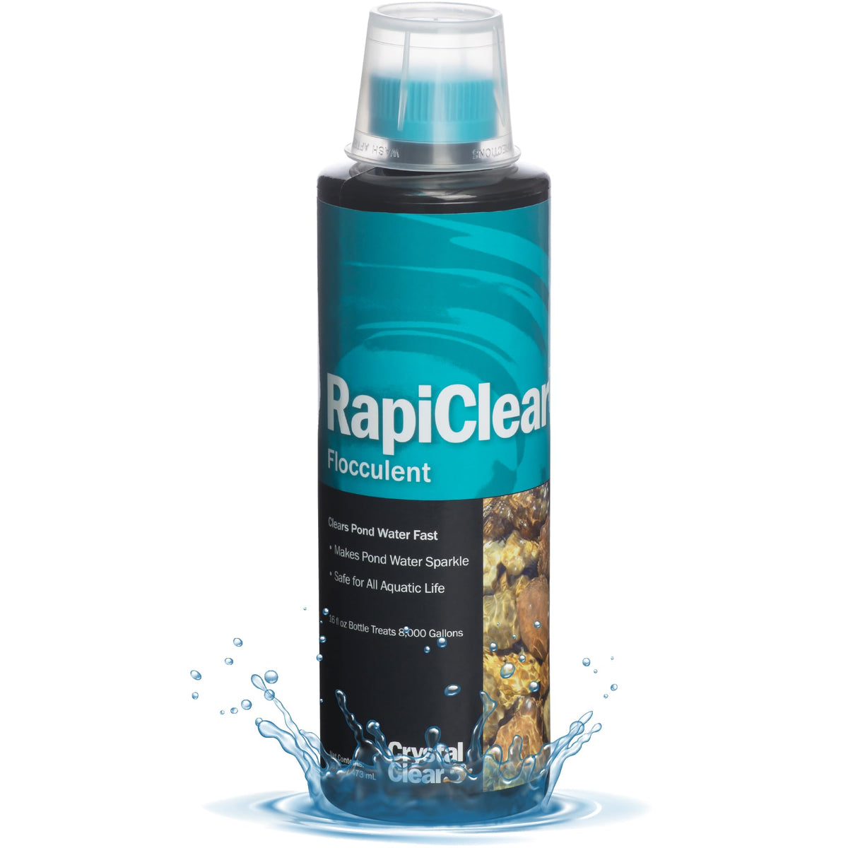 CrystalClear RapiClear bottle pour demonstrates quick pond clarification for cloudy water.