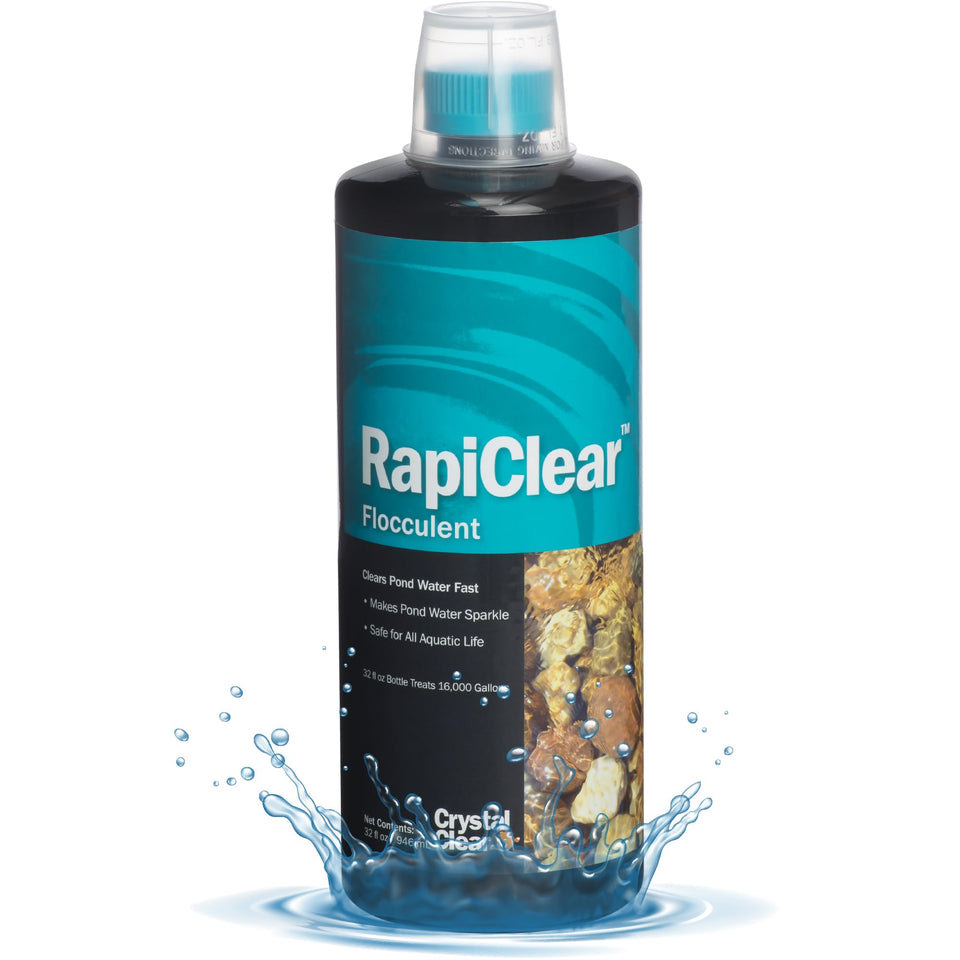 CrystalClear RapiClear bottle pour demonstrates quick treatment for pond clarity.