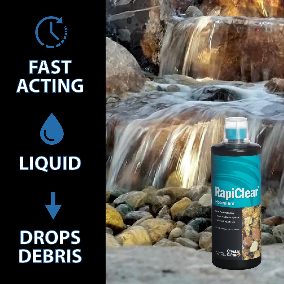 CrystalClear RapiClear storm-disturbance cleanup improves water appearance.