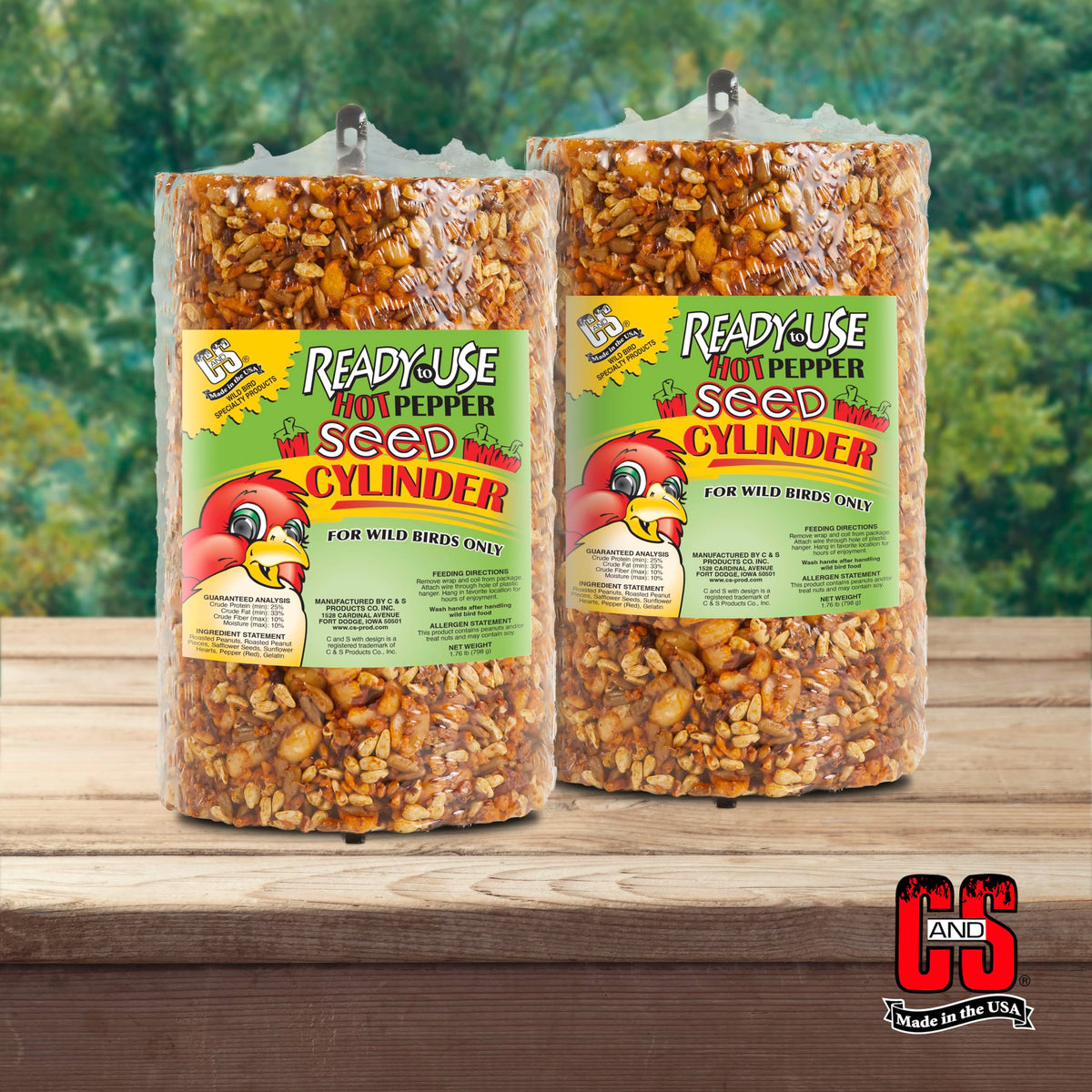 Bird-friendly design seed cylinder helps attract variety without attracting ground wildlife.