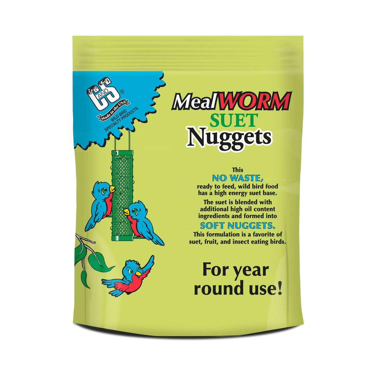 27-ounce bag of C&S Mealworm Suet Nuggets ready for storage.