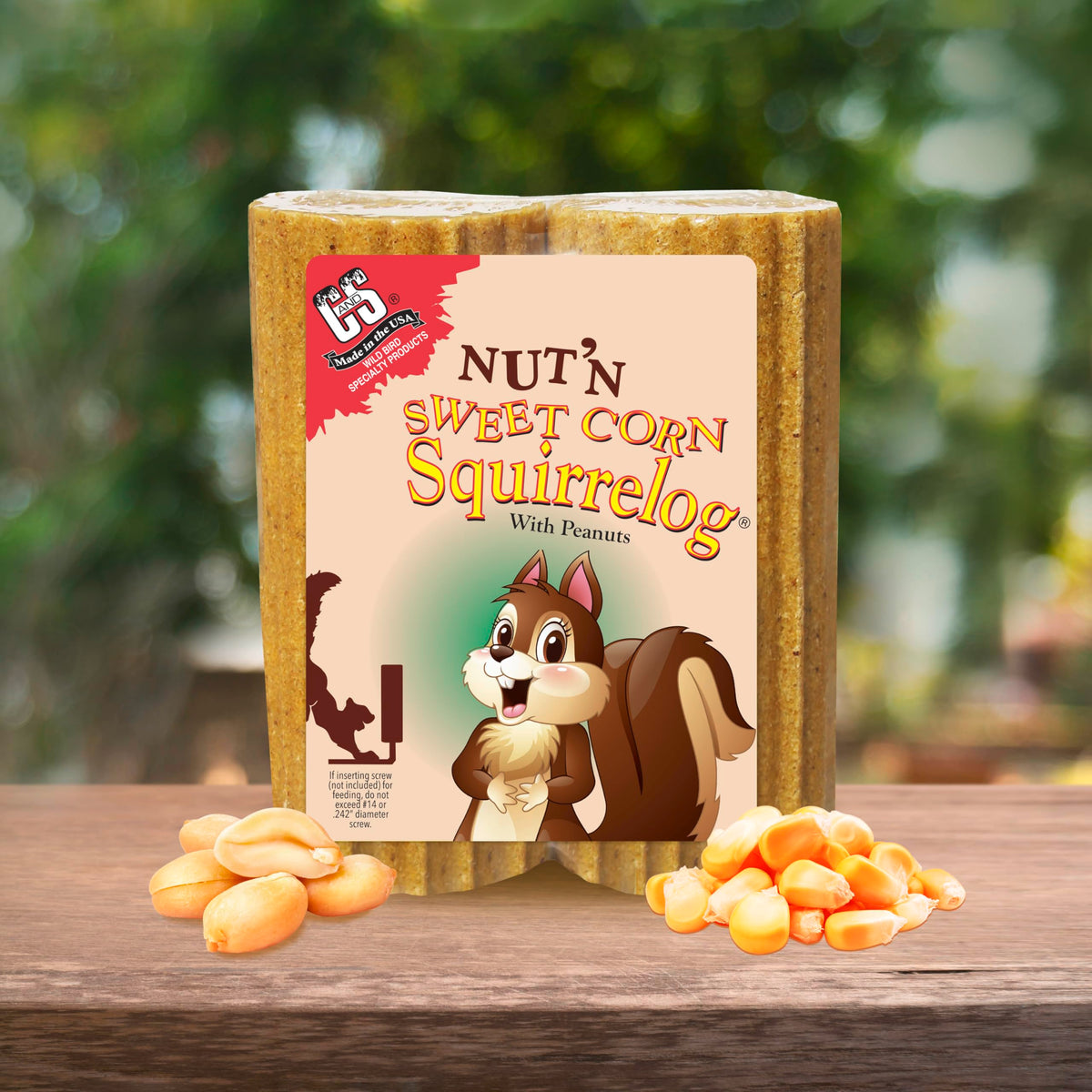 Refill-ready packaging of C&S Nut’n Sweet Corn Squirrelog for low-maintenance feeding