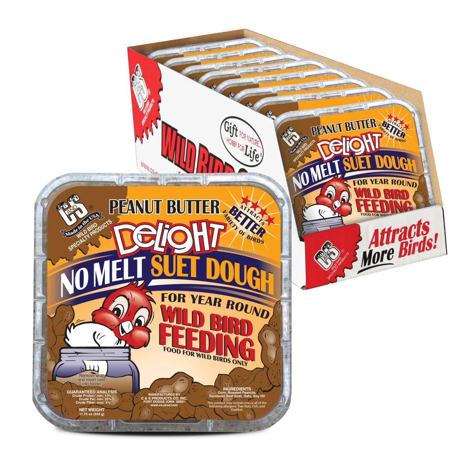 C&S Peanut Butter Delight No Melt Suet Dough packaging shows year-round energy for birds