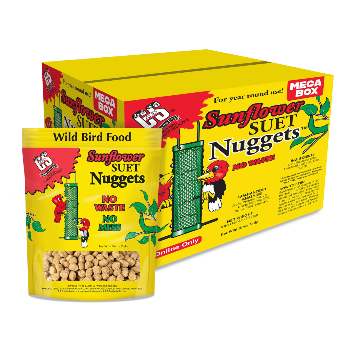 C&S Sunflower Suet Nuggets packaging shows a clean, mess-free feeding solution.