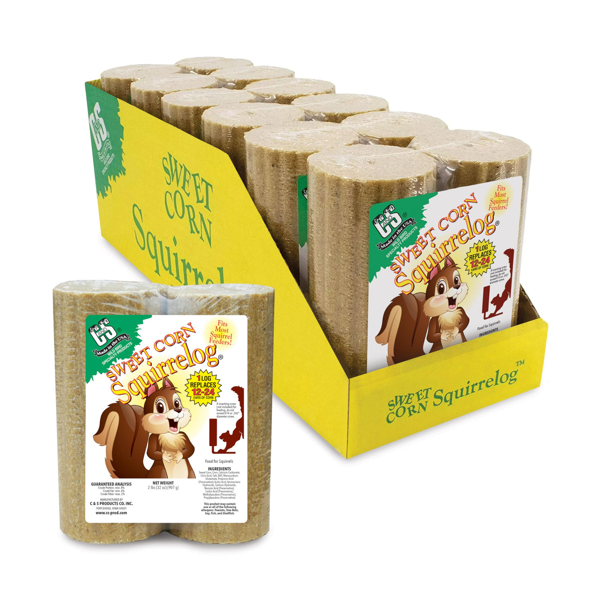 C&S Sweet Corn Squirrelog refill unwrapped and ready to hang for easy backyard feeding.