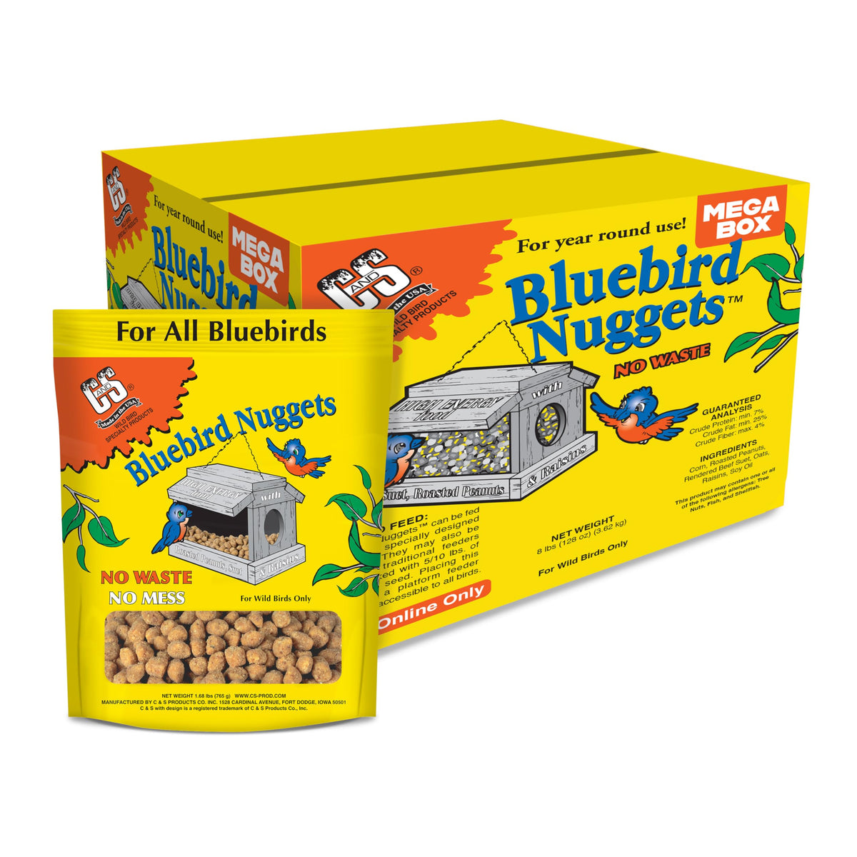 C&S Wild Bird Bluebird Suet Nuggets Mega Box close-up of bite-sized pieces for clean, mess-free feeding.