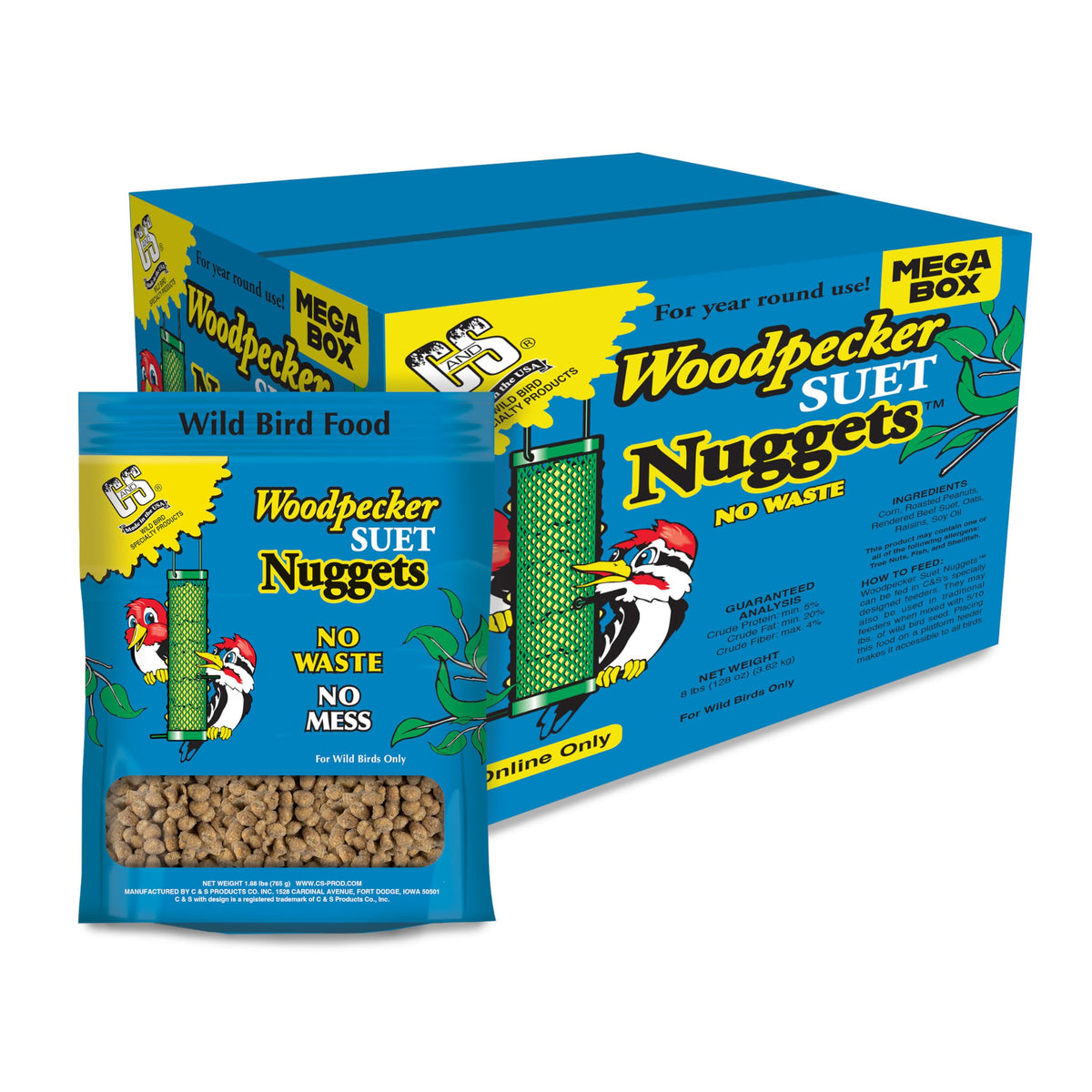 C&S Woodpecker Suet Nuggets Mega Box provides year-round energy for backyard birds.