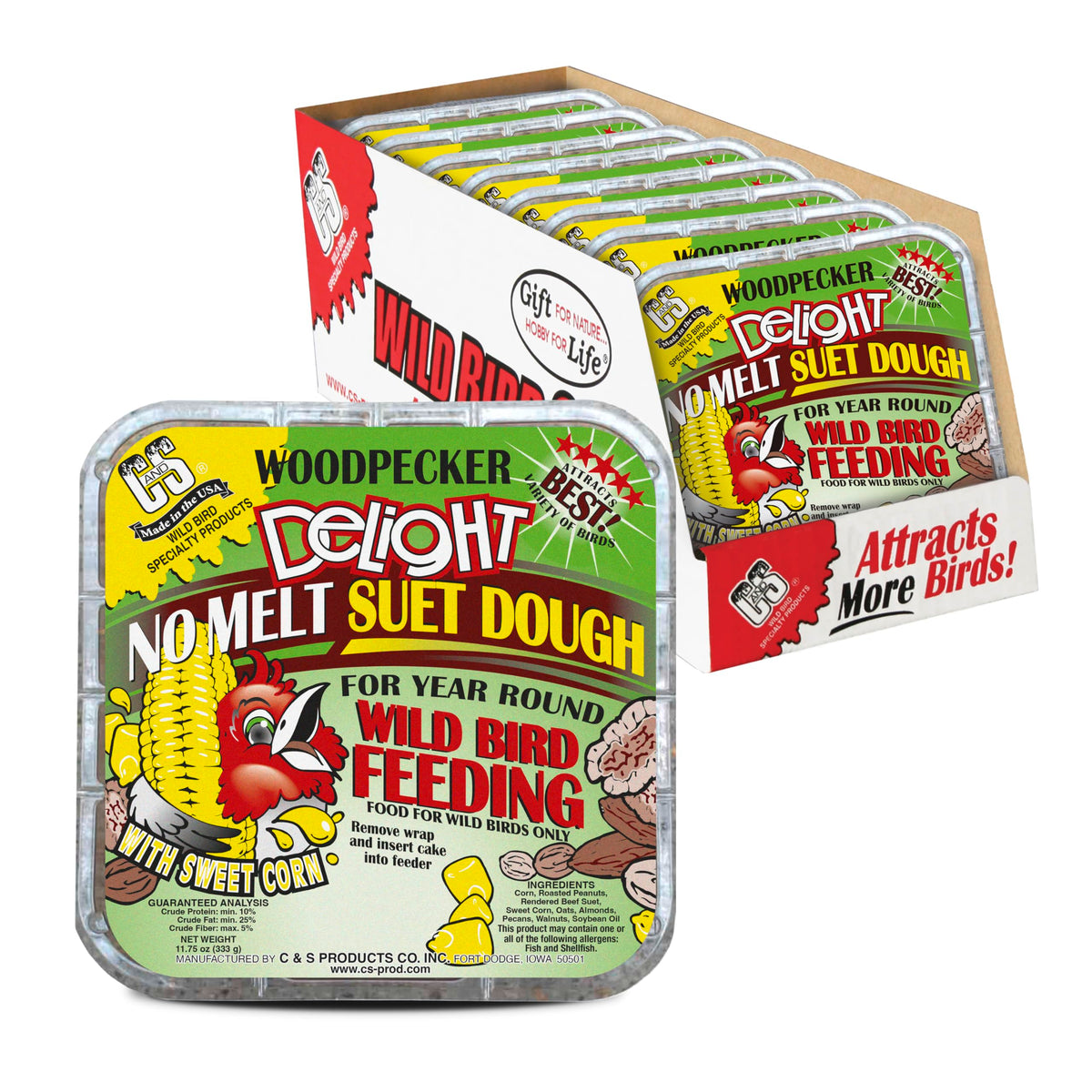 C&S Woodpecker Delight No Melt Suet Dough bag on feeder for year‑round energy