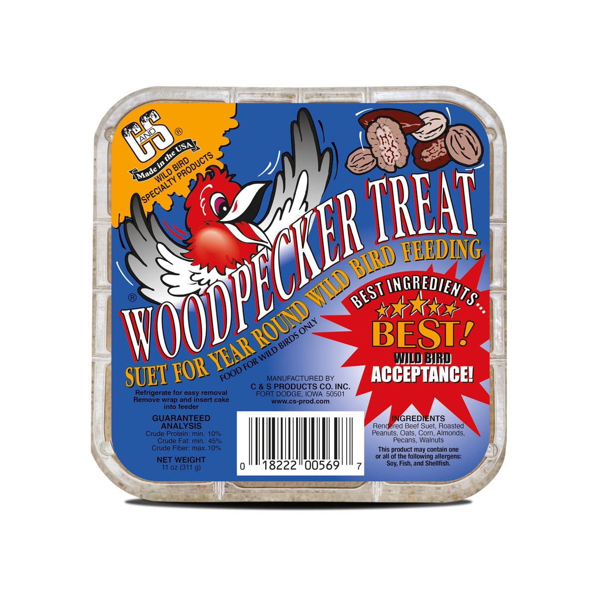 C&S Woodpecker Suet Treat in feeder shows easy year-round backyard feeding.