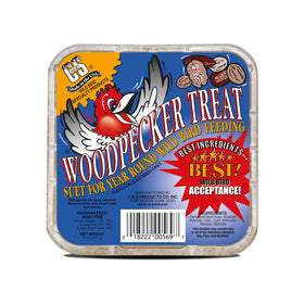 C&S Woodpecker Suet Treat in feeder shows easy year-round backyard feeding.