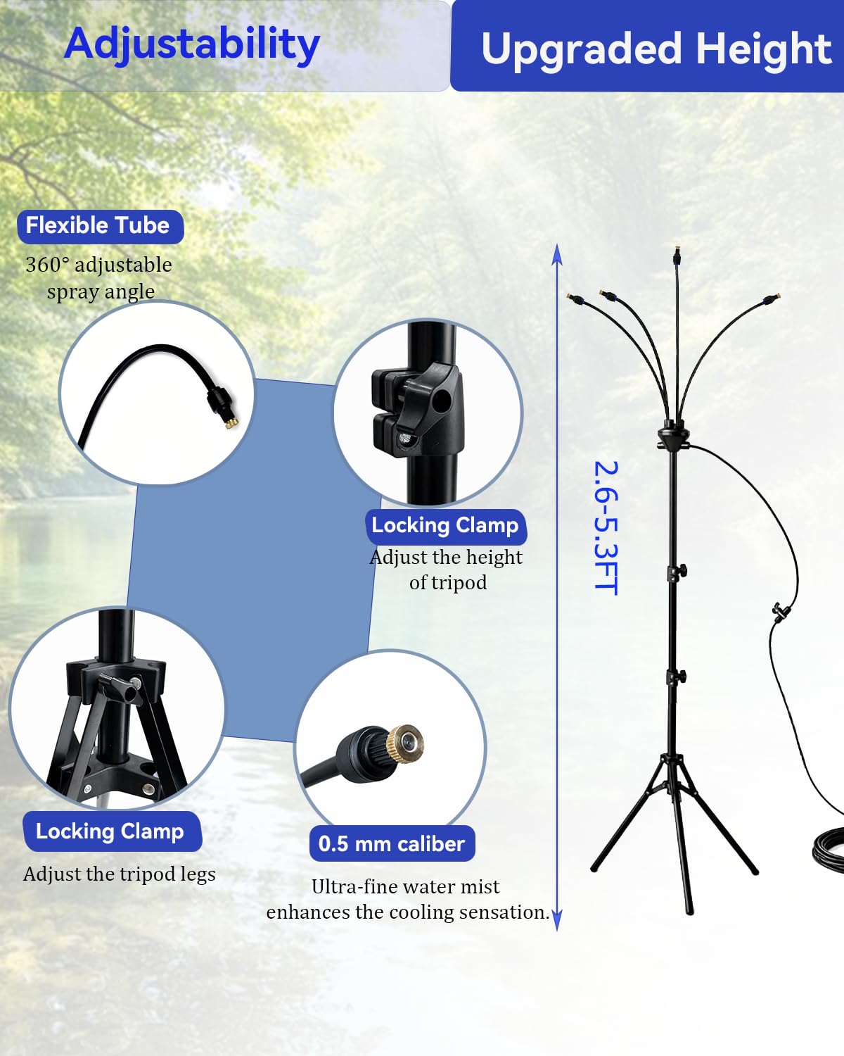 Ctpceept misting system shows 360‑degree hose coverage for versatile cooling.