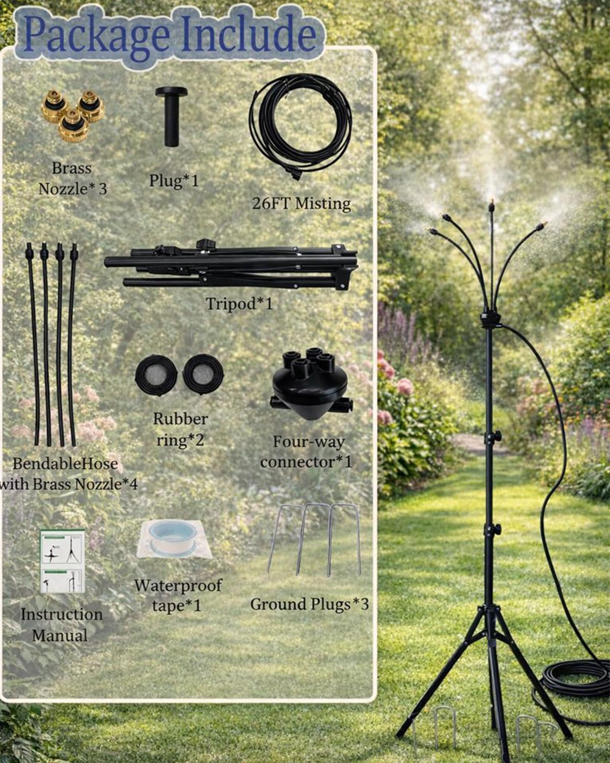 Ctpceept misting system features a stable tripod base for outdoor use.