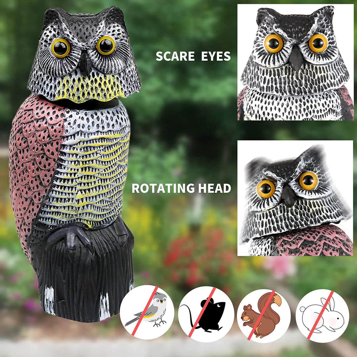 CTREE Owl Decoy guarding a lush garden scene from birds.