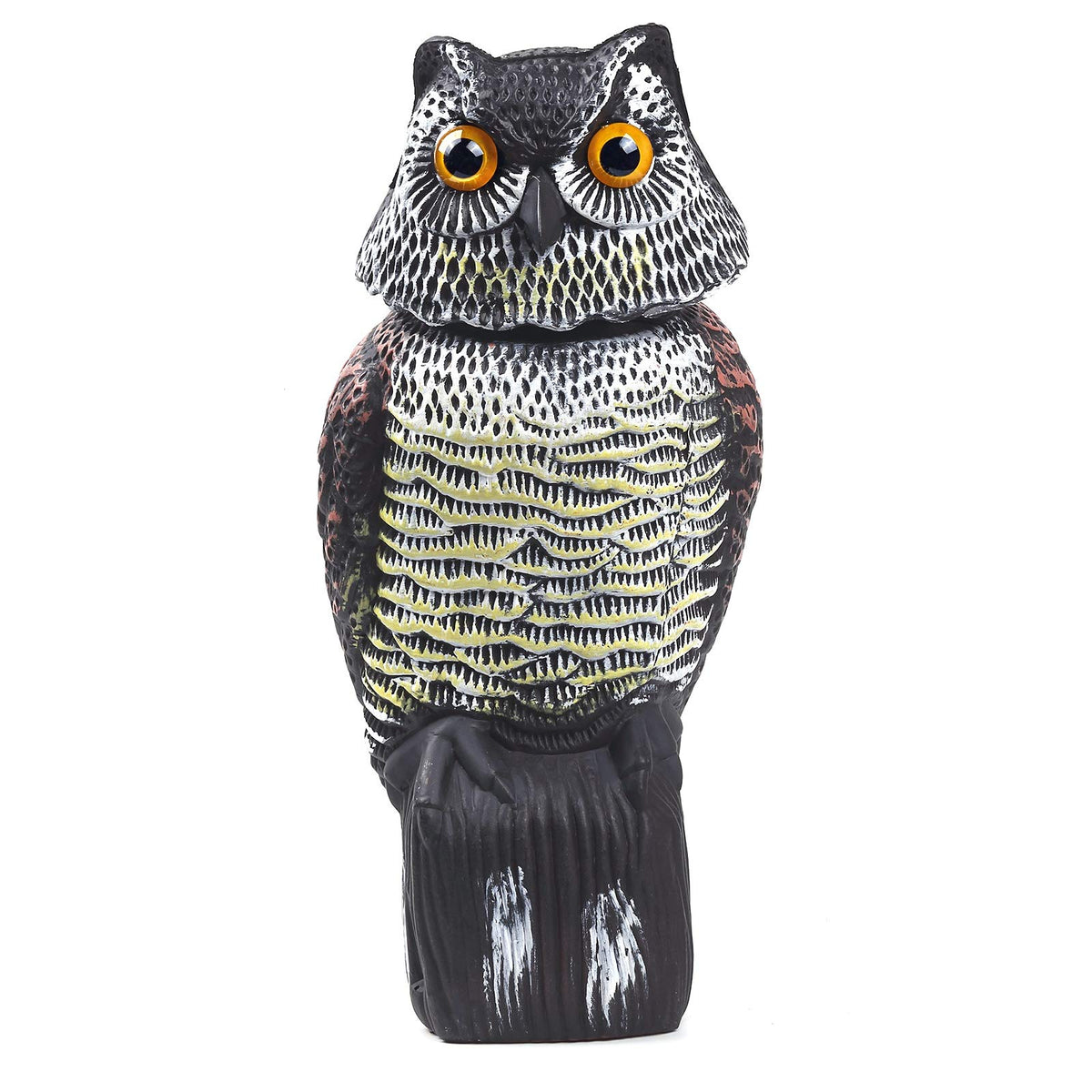 CTREE Owl Decoy with rotating head in full view deters garden birds.
