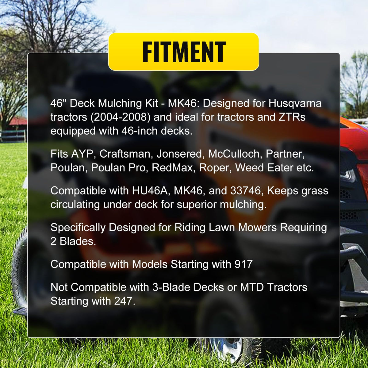 C-Tzu mulch cover compatible with Husqvarna 917 on a 46-inch deck.