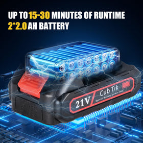 Cub Tik dual 20V 2.0Ah batteries powering longer runtime across tools