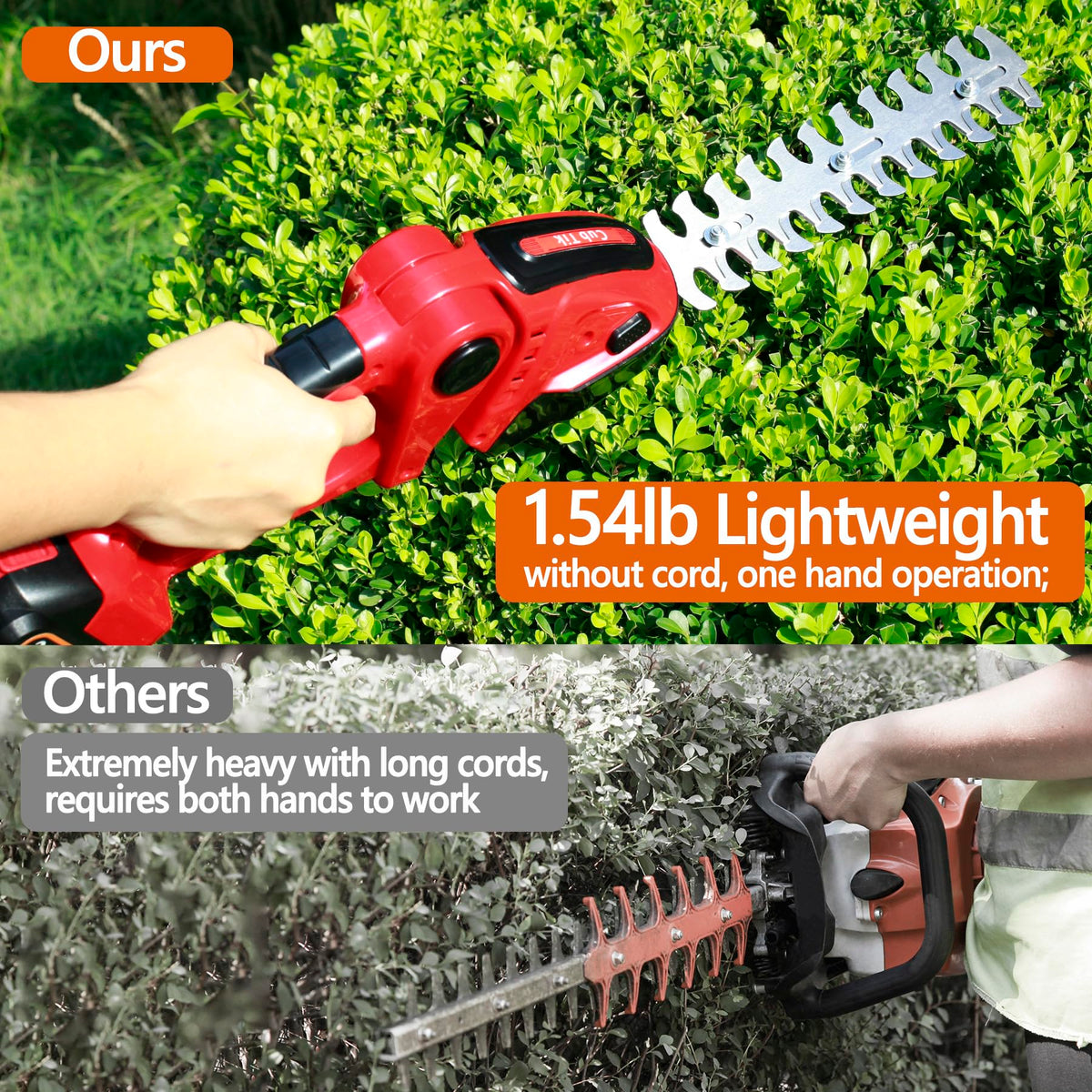 Cub Tik hedge-trimmer 2200rpm motor provides fast trimming power.