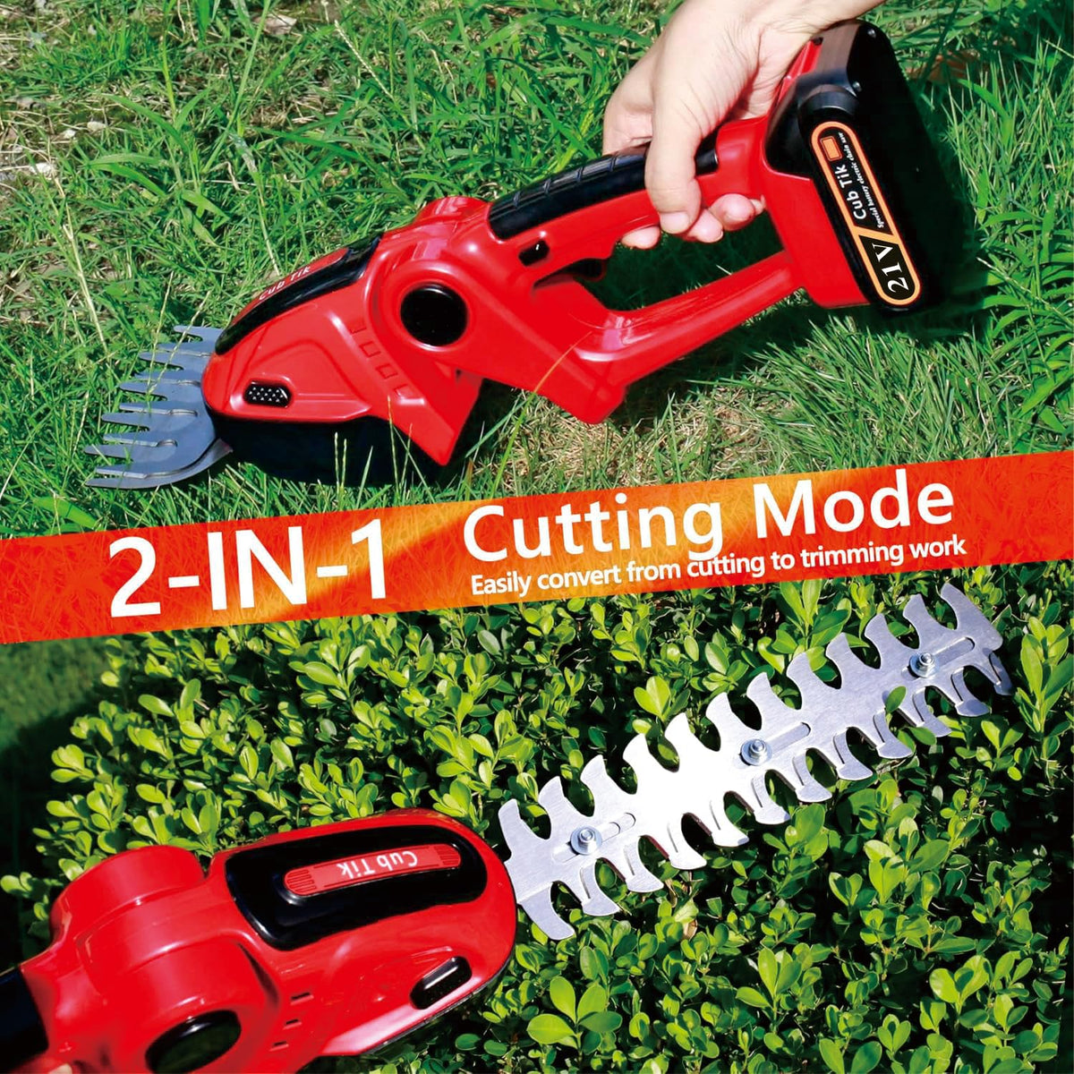 Cub Tik hedge-trimmer long blade 9in tackles thin hedge shoots.