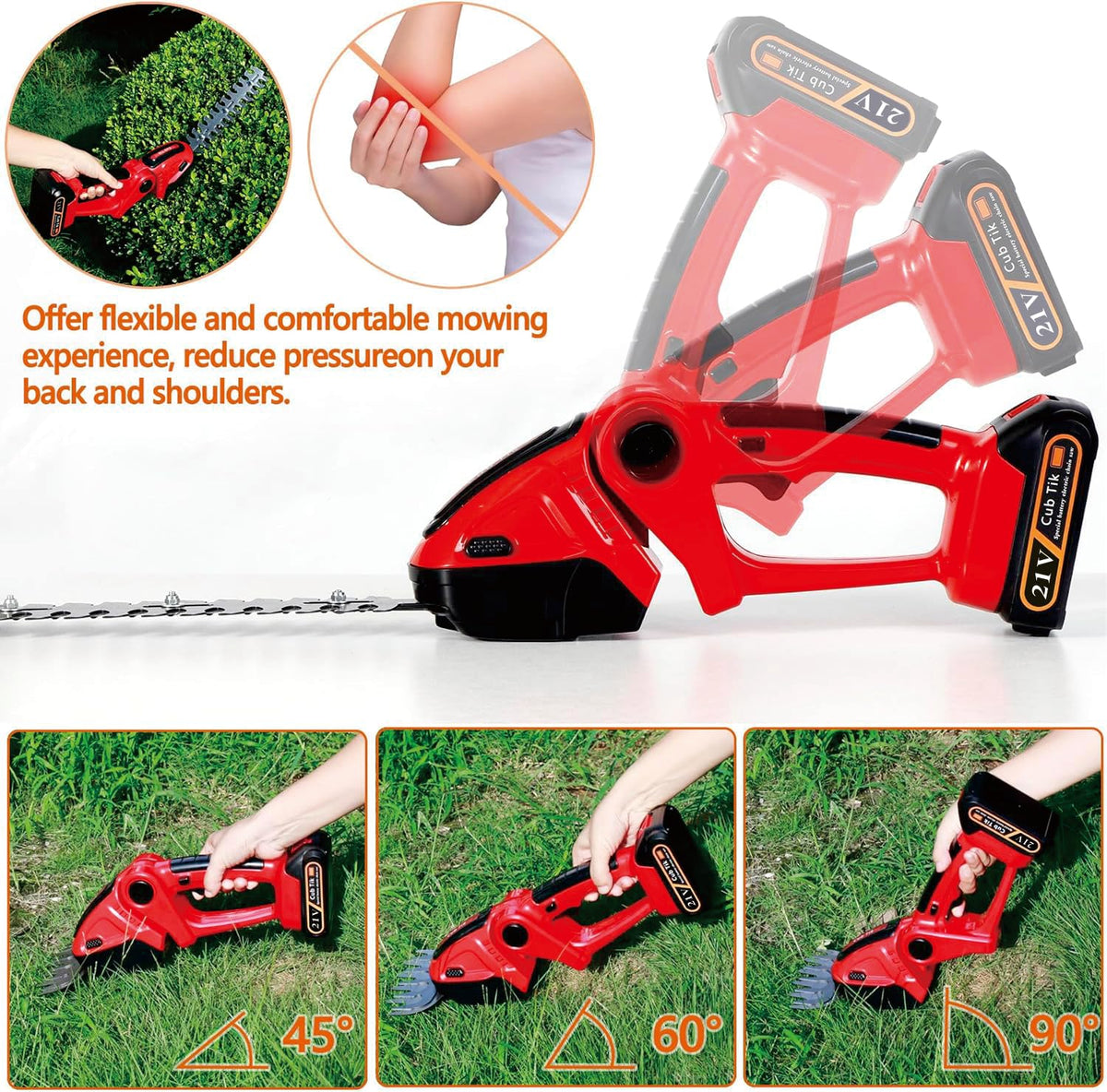 Cub Tik hedge-trimmer safety lock prevents accidental starts.