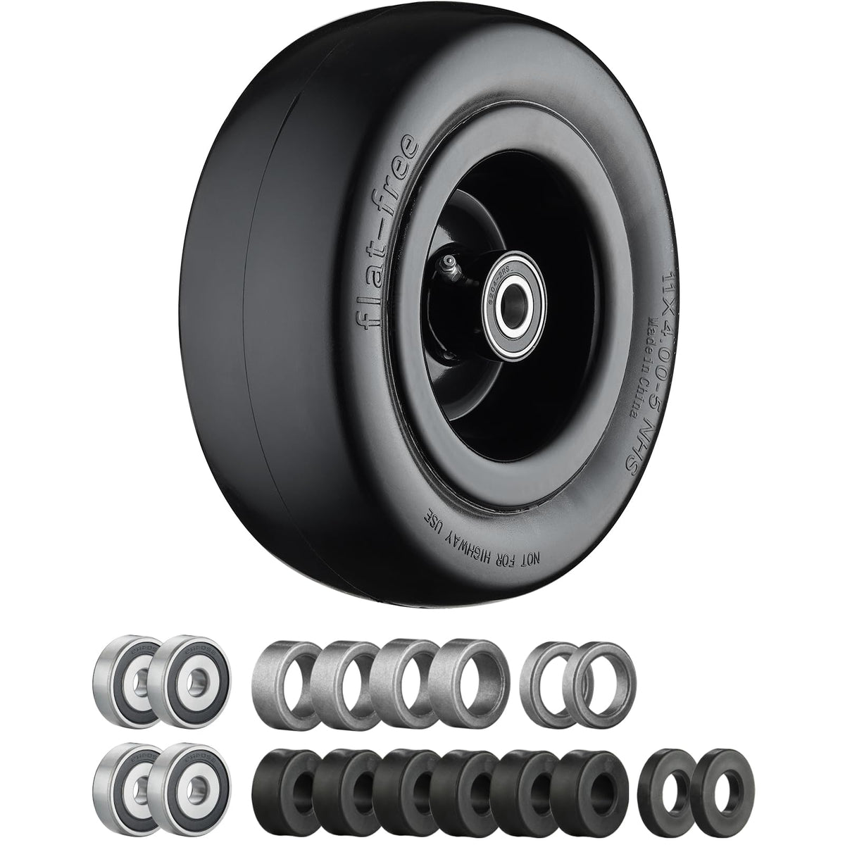 Cubesprings 11x4-5 flat-free front tire ready for maintenance-free mowing.