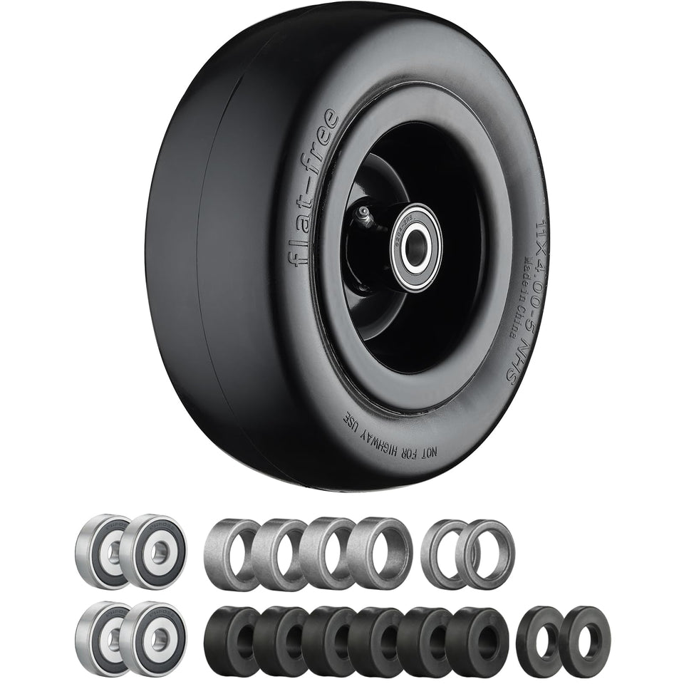 Cubesprings 11x4-5 flat-free front tire ready for maintenance-free mowing.
