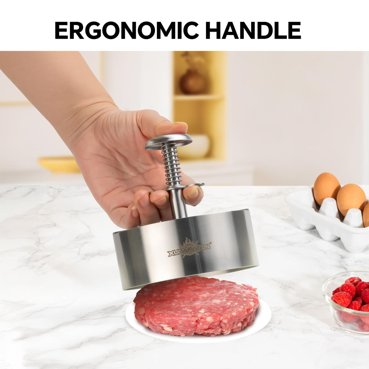 Cuexorik easy-release hamburger press for round, uniform patties.
