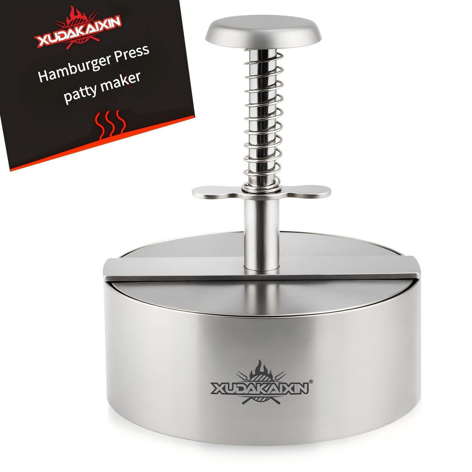 Cuexorik hamburger press front view showing sturdy 304 stainless steel construction for durability.