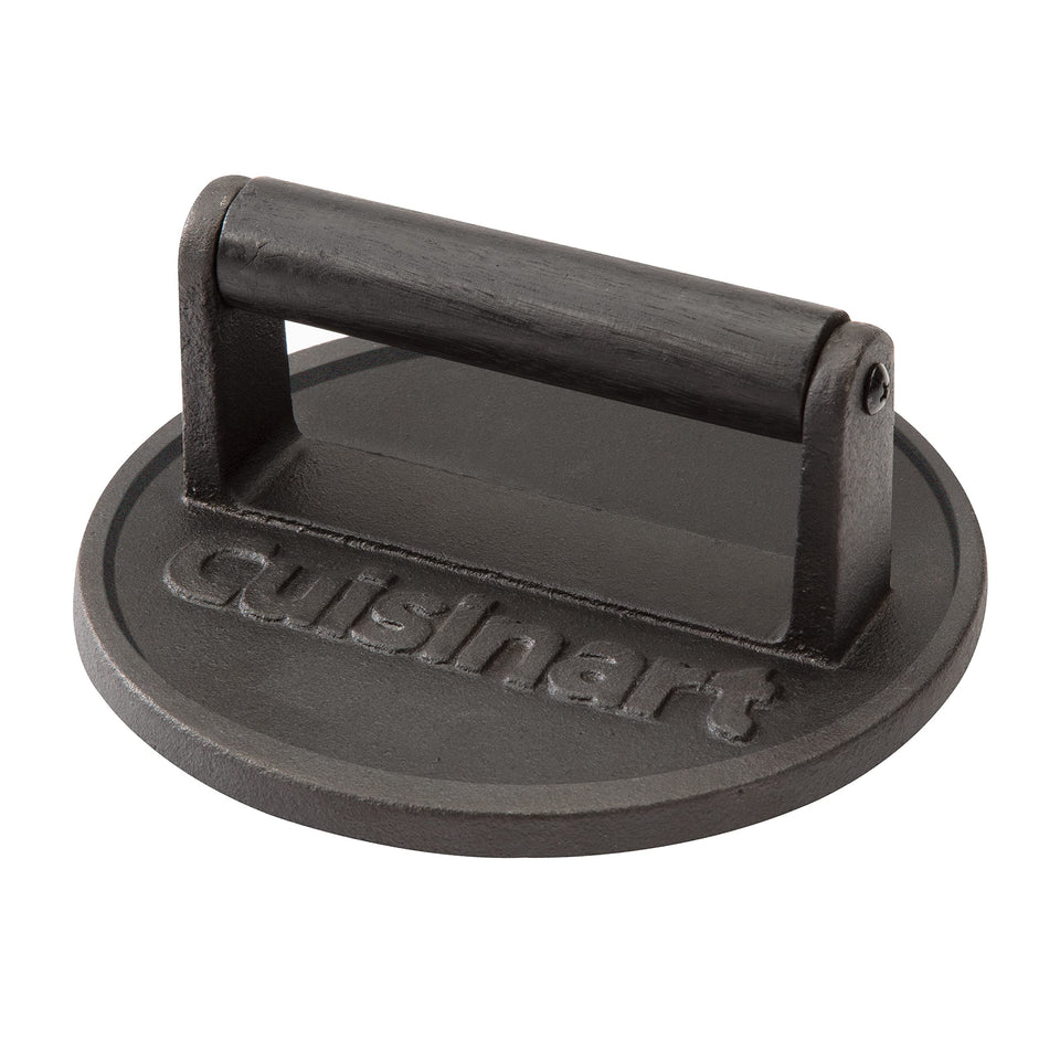 Cuisinart 6.5 inch burger press on a hot skillet delivering even, juicy smash burgers.